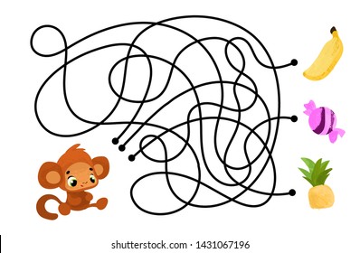 Vector cartoon monkey and apple in children's style. Vector illustrations for children books. Labyrinth. Educational game for children. 