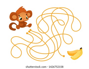 Vector cartoon monkey and bananas in children's style. Vector illustrations for children books. Labyrinth. Educational game for children. 