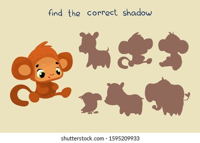 Vector cartoon monkey. Find the correct shadow. Educational game for children. Vector illustrations for children books.