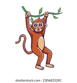 Vector cartoon of a monkey scream out and hanging on tree branches.