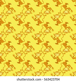 Vector Cartoon Monkey Seamless Pattern on Yellow Background