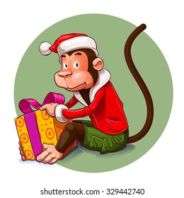 Vector cartoon monkey wearing a suit of Santa with gift box
