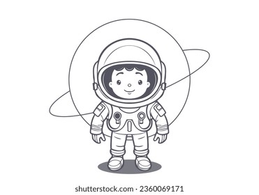 Vector cartoon monochrome graphic small cute smiling astronaut child in a spacesuit. White isolated background.