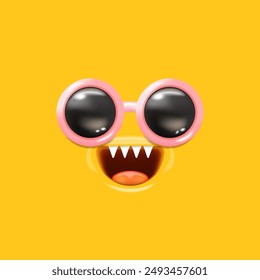 Vektorgrafik Cartoon Monster Avatar mit Sonnenbrille, offenem Mund, Fangs isoliert auf orangefarbenem Hintergrund. Lustige und süße Halloween Monster offenen Mund mit großen Vampir Fangs.  bizarres Gesicht