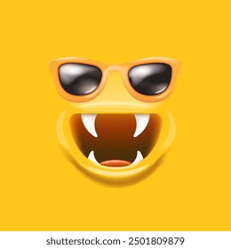 Vector Cartoon monster avatar with sunglasses, open mouth, fangs isolated on orange background. Funny and cute Halloween Monster open mouth with big vampire fangs. Bizarre face