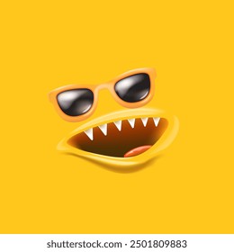 Vektor Cartoon Monster Avatar mit Sonnenbrille, offenem Mund, Reißzähne einzeln auf orangefarbenem Hintergrund. Lustig und niedlich Halloween Monster offenen Mund mit großen Vampir Reißzähne. Bizarres Gesicht