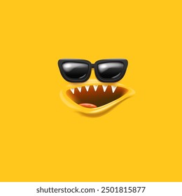 Vector Cartoon monster avatar with sunglasses, open mouth, fangs isolated on orange background. Funny and cute Halloween Monster open mouth with big vampire fangs. Bizarre face