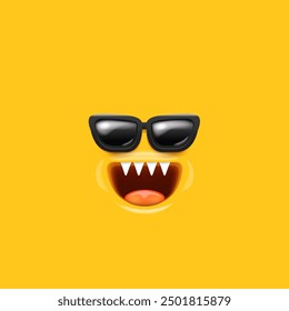 Vector Cartoon monster avatar with sunglasses, open mouth, fangs isolated on orange background. Funny and cute Halloween Monster open mouth with big vampire fangs. Bizarre face