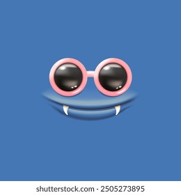 Vektor Cartoon Monstergesicht mit Sonnenbrille, offenem Mund, Reißzähne einzeln auf blauem Hintergrund. Lustig und niedlich Halloween Monster offenen Mund mit großen Vampir Reißzähne. Bizarres Gesicht