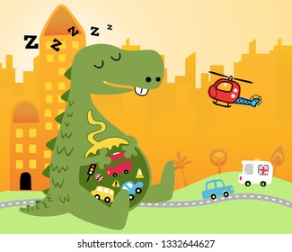Vector cartoon of monster lean on building after eating vehicles in a city