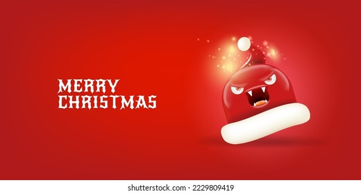 Vector cartoon monster Santa Claus red hat with grinch face isolated on red Christmas horizontalbackground. Merry Christmas greeting card or banner with funny crazy monster Santa Claus hat. Santa hat