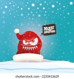 Vector cartoon monster Santa Claus red hat with grinch face isolated on snowy Christmas background. Merry Christmas greeting card and banner with funny crazy monster Santa Claus hat. Santa hat