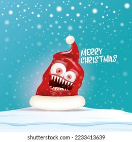 Vector cartoon monster Santa Claus red hat with grinch face isolated on snowy Christmas background. Merry Christmas greeting card and banner with funny crazy monster Santa Claus hat. Santa hat