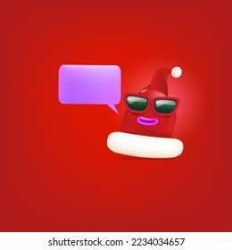 Vector cartoon monster Santa Claus red hat character with sunglasses and speech bubble isolated on red Christmas background. Merry Christmas greeting card, poster and banner with funny Santa Claus hat