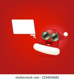 Vector cartoon monster Santa Claus red hat character with sunglasses and speech bubble isolated on red Christmas background. Merry Christmas greeting card, poster and banner with funny Santa Claus hat
