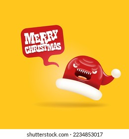 Vector cartoon monster Santa Claus red hat with grinch face isolated on orange Christmas background. Merry Christmas greeting card and banner with funny crazy monster Santa Claus hat. Santa hat