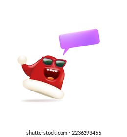 Vector cartoon monster Santa Claus red hat character with sunglasses and speech bubble isolated on white background. Merry Christmas greeting card, poster and banner with funny Santa Claus hat