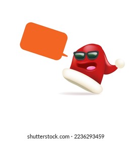 Vector cartoon monster Santa Claus red hat character with sunglasses and speech bubble isolated on white background. Merry Christmas greeting card, poster and banner with funny Santa Claus hat