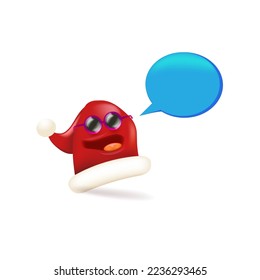 Vector cartoon monster Santa Claus red hat character with sunglasses and speech bubble isolated on white background. Merry Christmas greeting card, poster and banner with funny Santa Claus hat