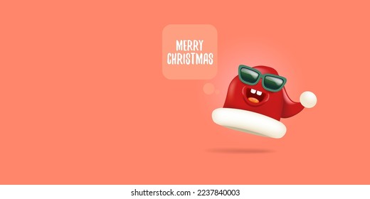 Vector cartoon monster Santa Claus red hat character with sunglasses and speech bubble isolated on peach background. Merry Christmas greeting card, poster and banner with funny Santa Claus hat
