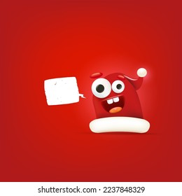 El personaje de la caricatura vectorial Santa Claus rojo con los ojos y la boca aislados en el fondo rojo de la Navidad. Feliz tarjeta de felicitación navideña, afiche y pancarta con divertido sombrero de Papá Noel
