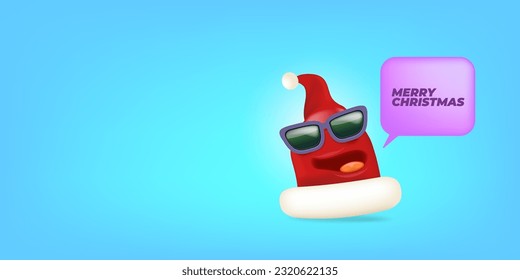 Vector cartoon monster Santa Claus red hat character with sunglasses and speech bubble isolated on blue Christmas background. Merry Christmas greeting card, poster and banner with Santa Claus hat