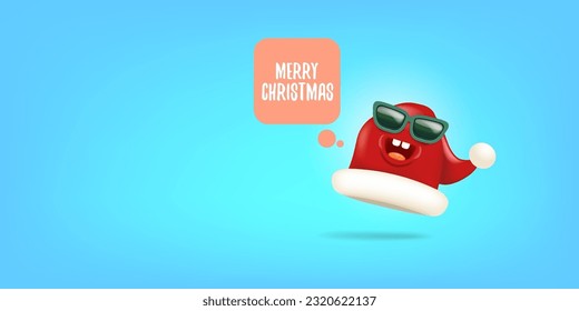 Vector cartoon monster Santa Claus red hat character with sunglasses and speech bubble isolated on blue Christmas background. Merry Christmas greeting card, poster and banner with Santa Claus hat