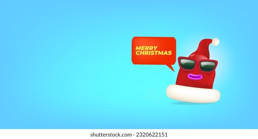 Vector cartoon monster Santa Claus red hat character with sunglasses and speech bubble isolated on blue Christmas background. Merry Christmas greeting card, poster and banner with Santa Claus hat