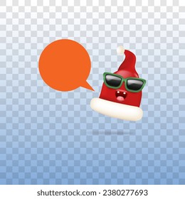 El personaje de la caricatura vectorial Santa Claus rojo con gafas de sol y burbuja de habla aislado en un fondo transparente. Feliz tarjeta de felicitación navideña, afiche y pancarta con divertido sombrero de Papá Noel