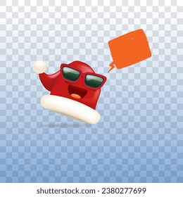 Vector cartoon monster Santa Claus red hat character with sunglasses and speech bubble isolated on transparent background. Merry Christmas greeting card, poster and banner with funny Santa Claus hat