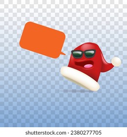 El personaje de la caricatura vectorial Santa Claus rojo con gafas de sol y burbuja de habla aislado en un fondo transparente. Feliz tarjeta de felicitación navideña, afiche y pancarta con divertido sombrero de Papá Noel