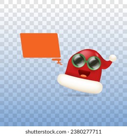 Vector cartoon monster Santa Claus red hat character with sunglasses and speech bubble isolated on transparent background. Merry Christmas greeting card, poster and banner with funny Santa Claus hat