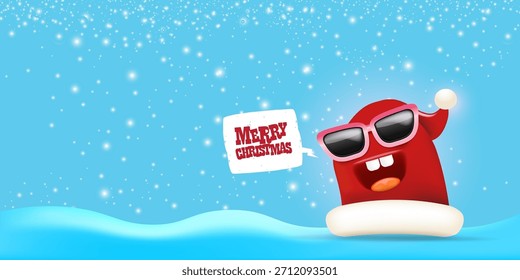 Monstruo de dibujos animados de Vector Papá Noel personaje de sombrero rojo con gafas de sol y burbuja de discurso aislado sobre fondo de Navidades azules con nieve y copos de nieve. Tarjeta de felicitación, cartel y Anuncio de las Navidades felices
