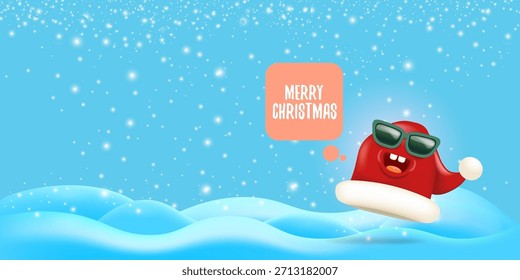 Caráter de chapéu vermelho Papai Noel monstro desenho animado com óculos de sol e balão isolado no fundo azul de Natal com neve e flocos de neve. Cartão de saudação de Natal feliz, cartaz e banner