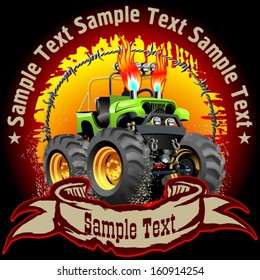 Vector Cartoon Monster Truck on grunge background. Eps10 with transparency effects, separated by groups and layers for easy edit