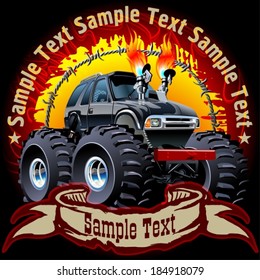 Vector Cartoon Monster Truck on grunge background. Eps10 with transparency effects, for one-click repaint