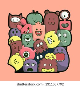 Vector cartoon monster.Hand drawn doodle cute monster group background.