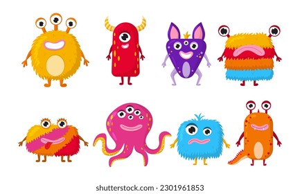 Monstruos vectores de dibujos animados montados. Icono de extraterrestres divertidos de colección aislado en fondo blanco. Imágenes prediseñadas para la decoración de fiestas, pegatinas.