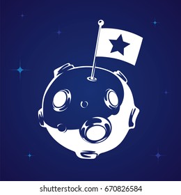 Vector cartoon moon or planet with star flag in open space