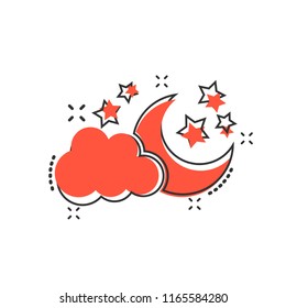 Vector cartoon moon and stars with clods icon in comic style. Nighttime concept illustration pictogram. Cloud, moon business splash effect concept.