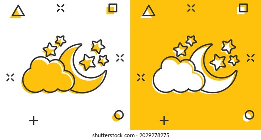 Vector cartoon moon and stars with clods icon in comic style. Nighttime concept illustration pictogram. Cloud, moon business splash effect concept.