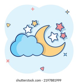 Vector cartoon moon and stars with clods icon in comic style. Nighttime concept illustration pictogram. Cloud, moon business splash effect concept.