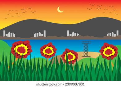 El paisaje de la luna de dibujos animados con cielo naranja, siluetas de montañas, colinas, árboles y lagos.