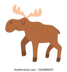 Vector cartoon moose. Funny woodland animal. Cute forest illustration for kids isolated on white background. Adorable walking elk icon
