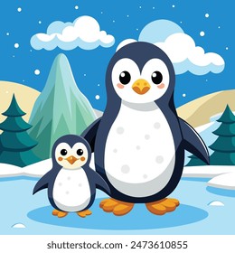 Vector cartoon mother and baby penguin on snowy