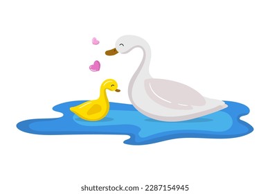 Vector cartoon mother farm birds duck with duckling swimming in pond isolated on white background. Mothers day, baby shower, maternal care concept illustration.
