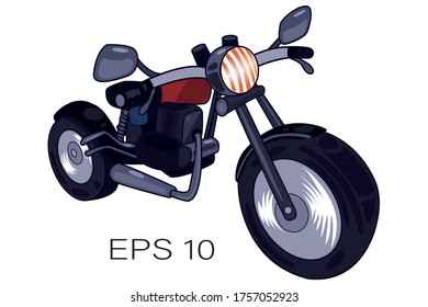 Vector cartoon motorcycle on a white background. Stock illustration two-wheeled transport. Image for covers, labels, instructions, moto and auto products, signage, logo and print.