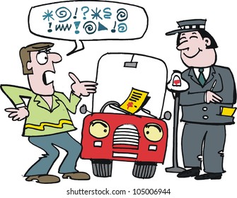Vector cartoon of motorist arguing with traffic warden over ticket