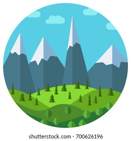 Vector cartoon mountain landscape in circle. Natural landscape in the flat style with blue sky, clouds, trees, hills and mountains with snow on the peaks.
