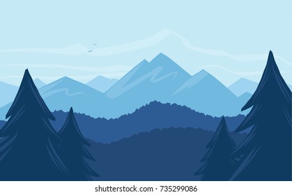 Vector cartoon mountains landscape with silhouette of pines on foreground